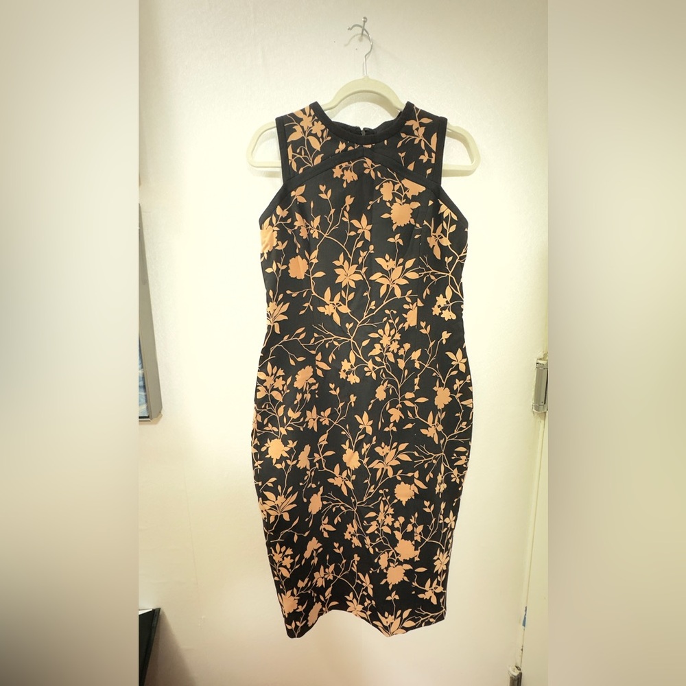 Michael Kors Floral Sheath Dress Black Beige Sleeveless S/M
